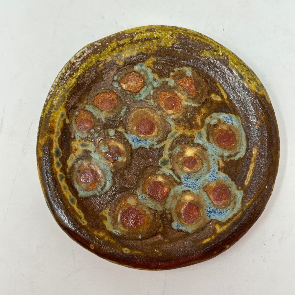 Studio Pottery Small Round Plate Abstract Glazed Stoneware Trinket Dish Brown 5"